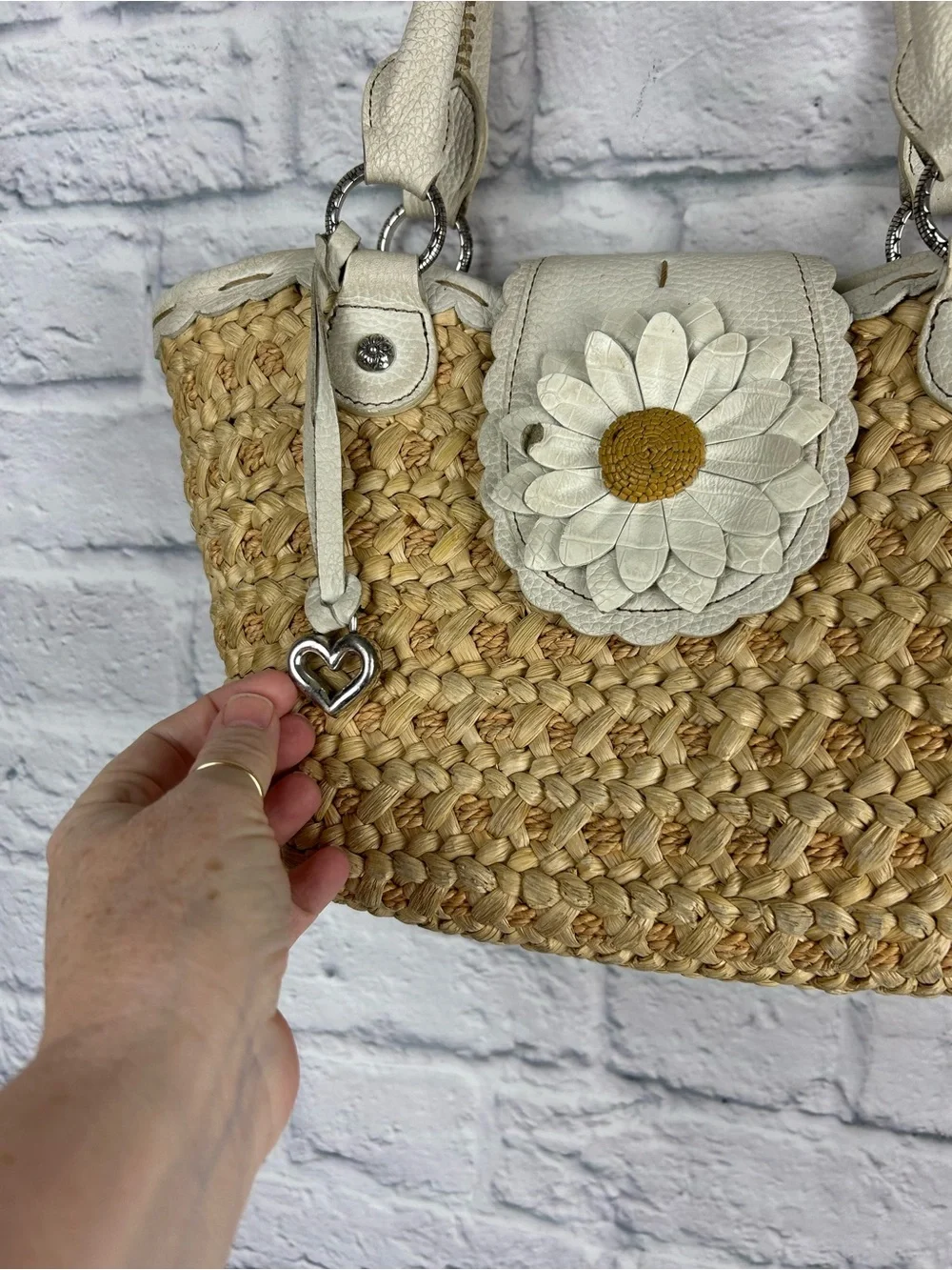 Brighton Raffia Tote White Leather Trim Daisy Floral Lined Shoulder Bag